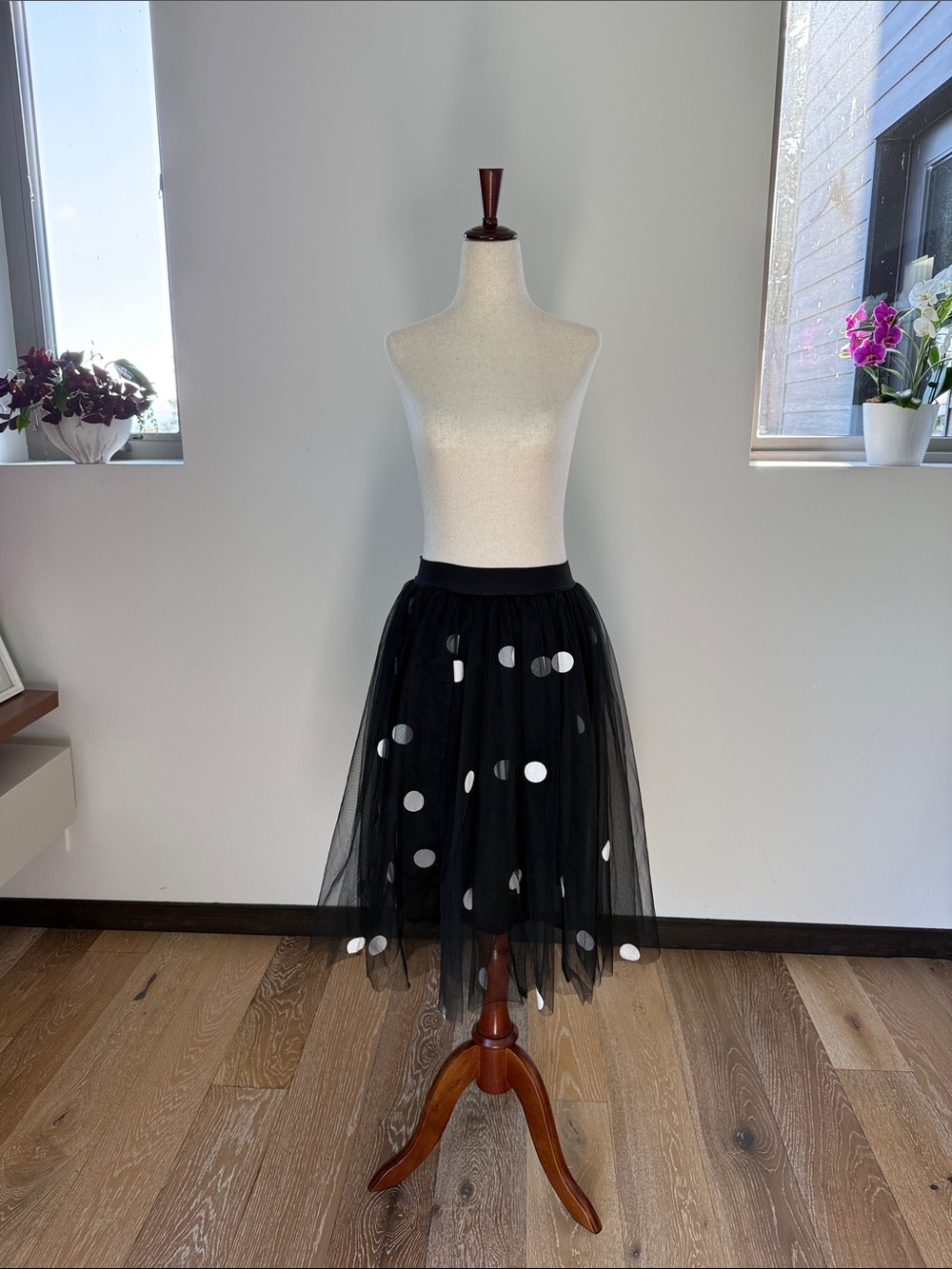 Black Tulle Midi Skirt with White Polka Dots
